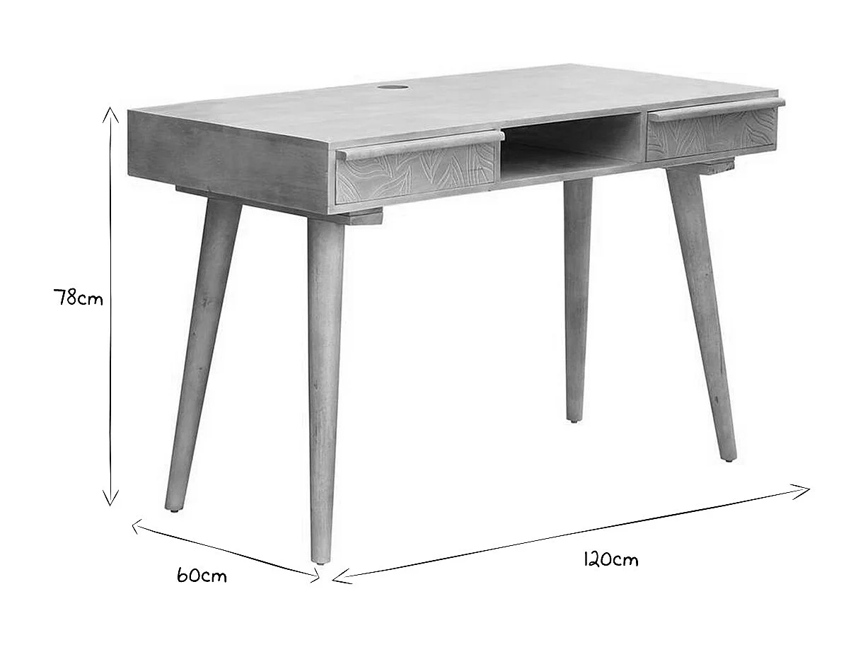 Escritorio étnico de madera maciza de mango tallada con 2 cajones KAFFIR