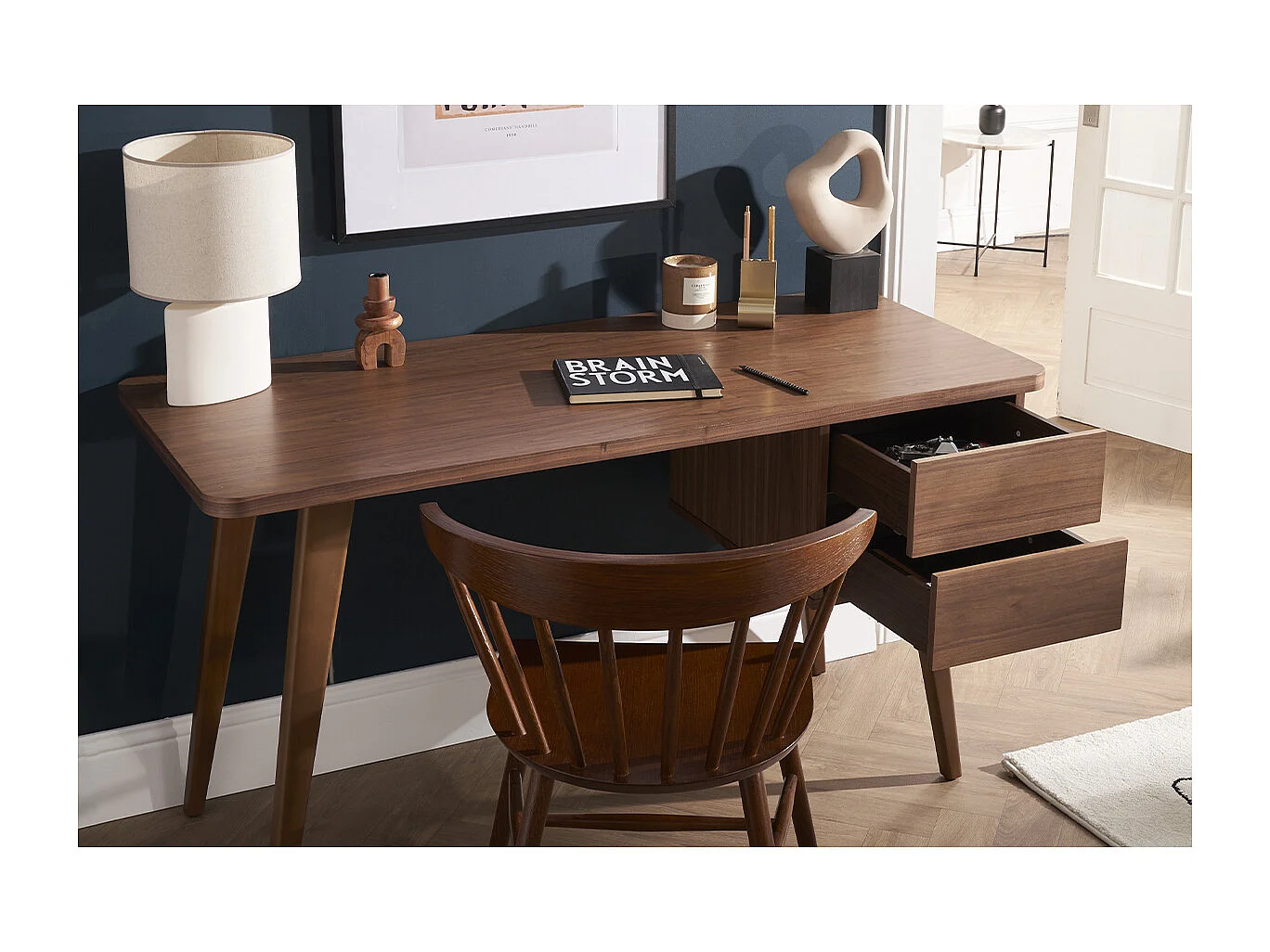 Bureau avec rangements 2 tiroirs bois foncé noyer L140 cm FIFTIES