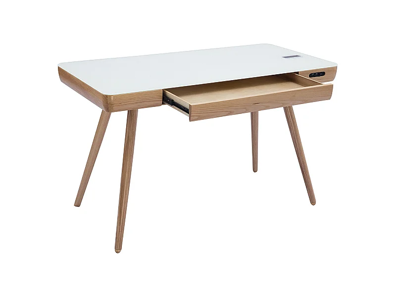 Escritorio conectado multimedia - Cristal blanco y madera CLEVER