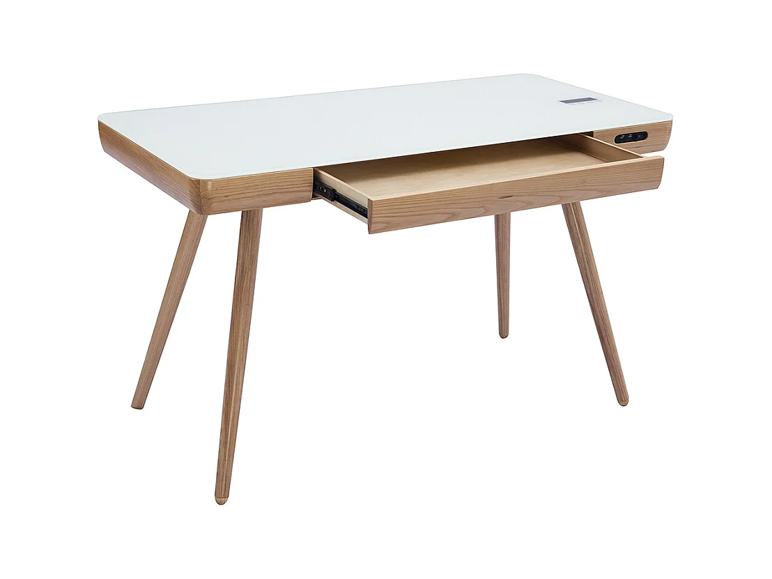 Bureau connecté multimédia avec tiroir en verre et bois clair L120 cm CLEVER