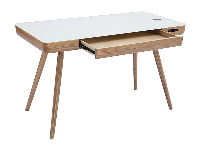 Bureau connecté multimédia avec tiroir en verre et bois clair L120 cm CLEVER
