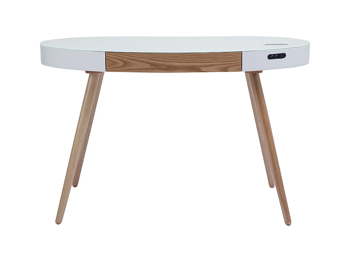 Ufficio multimediale connesso in vetro bianco e legno chiaro L120 cm HANDY