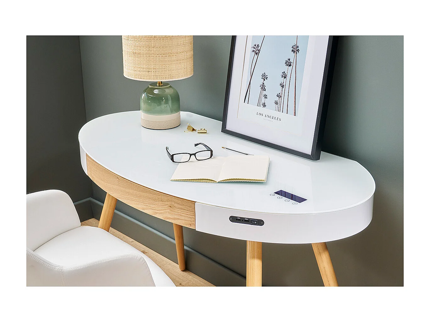 Bureau connecté multimédia verre blanc et bois clair L120 cm HANDY