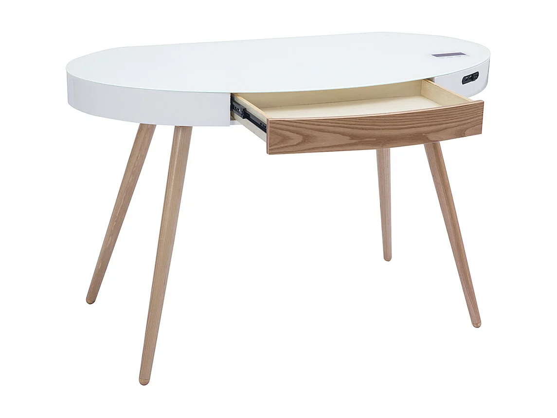 Bureau connecté multimédia verre blanc et bois clair L120 cm HANDY