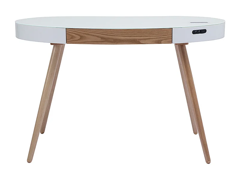 Bureau connecté multimédia verre blanc et bois clair L120 cm HANDY