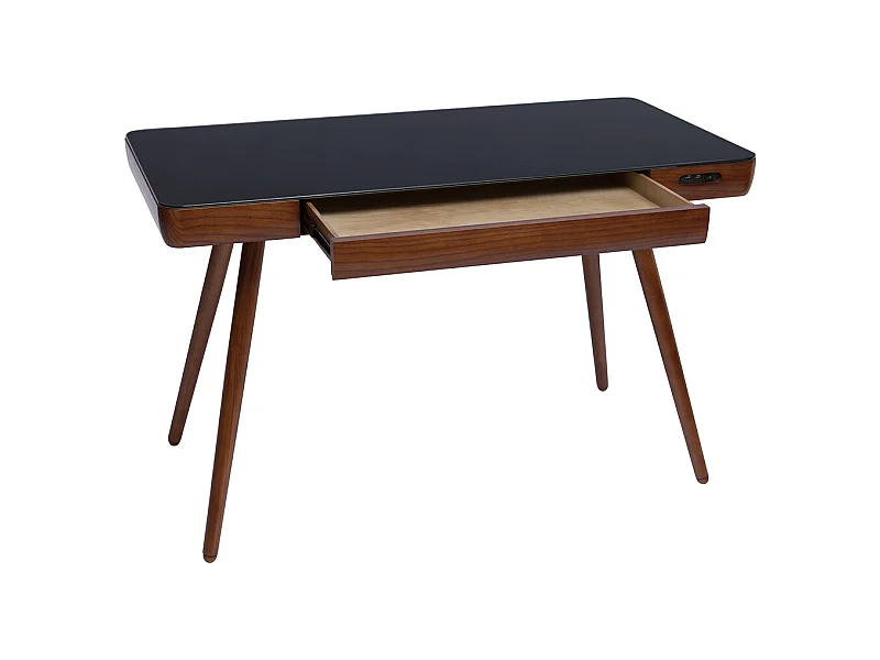 Bureau connecté multimédia avec tiroir en verre noir et bois foncé noyer L120 cm CLEVER