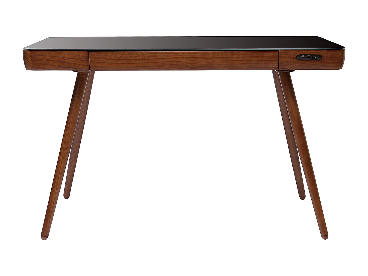 Bureau connecté multimédia avec tiroir en verre noir et bois foncé noyer L120 cm CLEVER