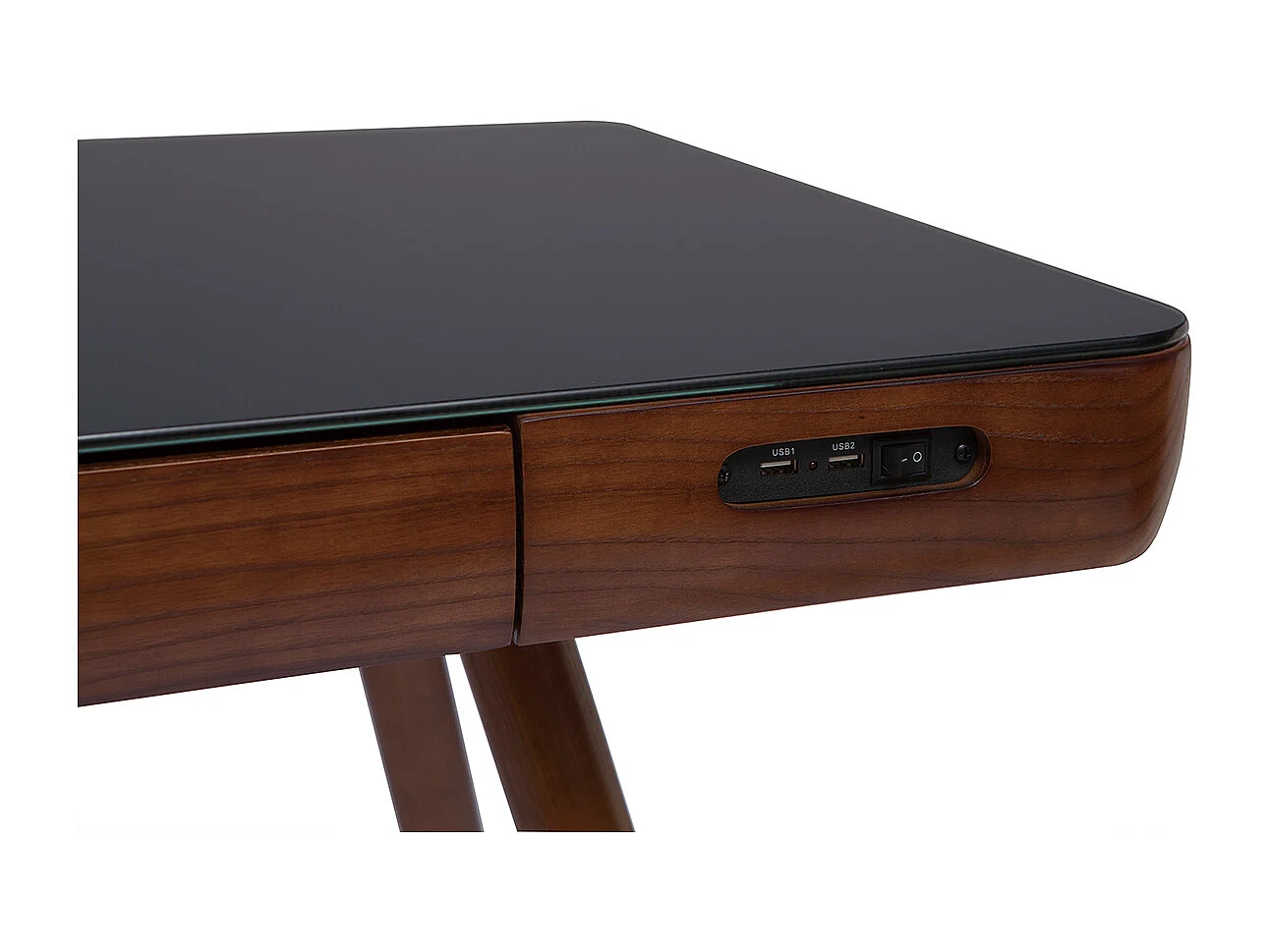 Bureau connecté multimédia avec tiroir en verre noir et bois foncé noyer L120 cm CLEVER