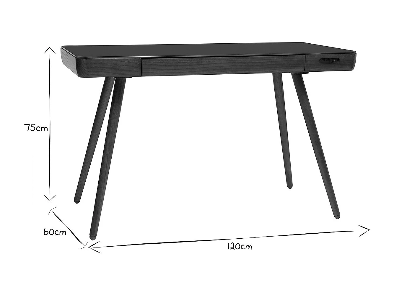 Bureau connecté multimédia avec tiroir en verre noir et bois foncé noyer L120 cm CLEVER