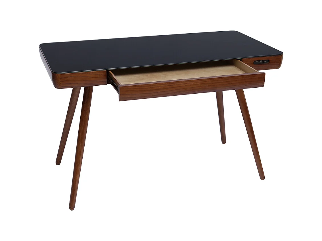Bureau connecté multimédia avec tiroir en verre noir et bois foncé noyer L120 cm CLEVER