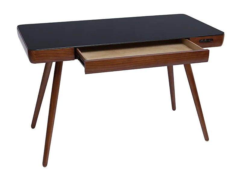 Bureau connecté multimédia avec tiroir en verre noir et bois foncé noyer L120 cm CLEVER