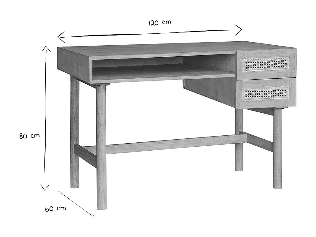 Escritorio de madera clara con cajonera de caña de ratán 120 cm GALINA