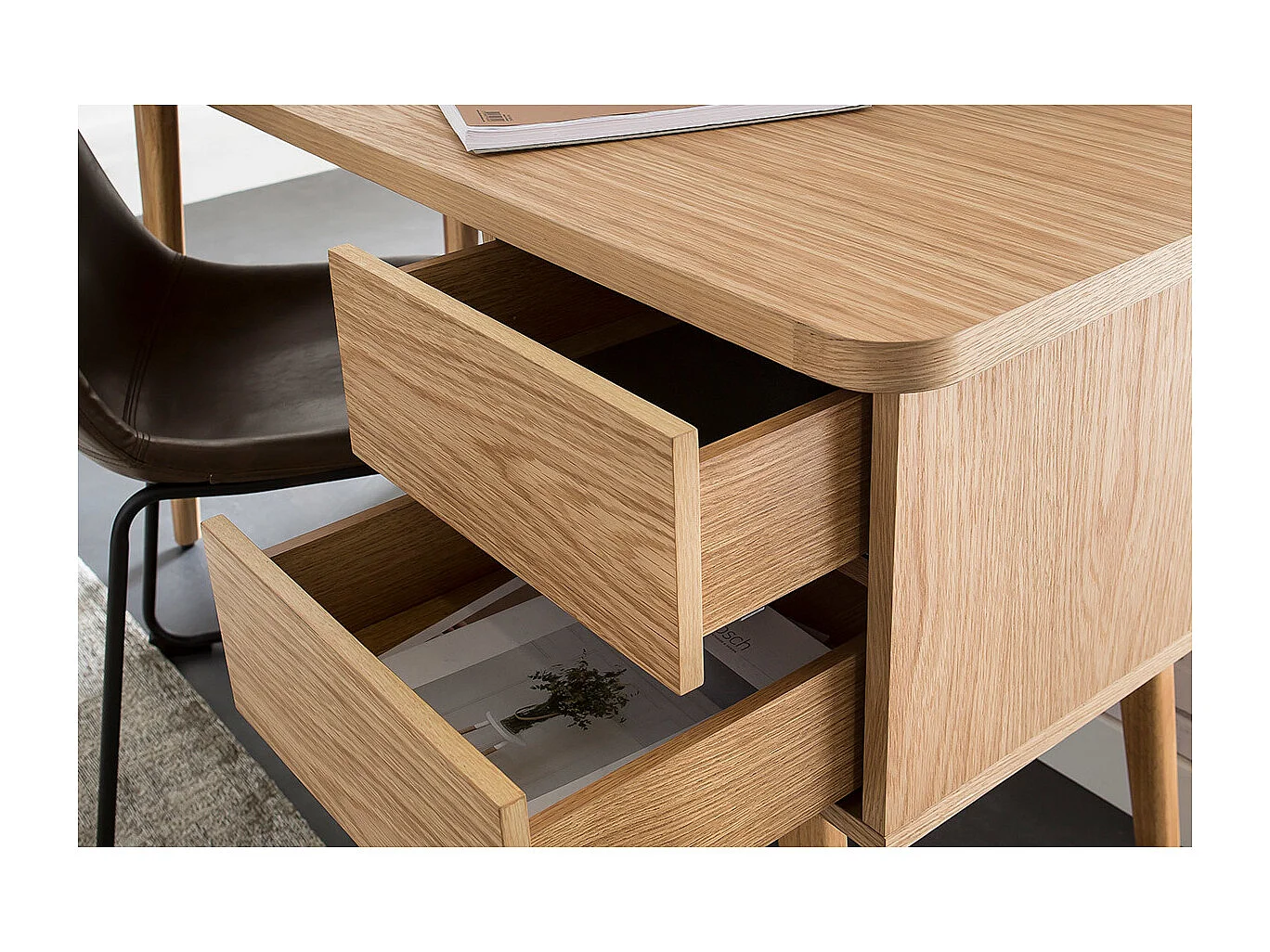 Bureau avec rangements 2 tiroirs scandinave bois clair chêne L140 cm FIFTIES