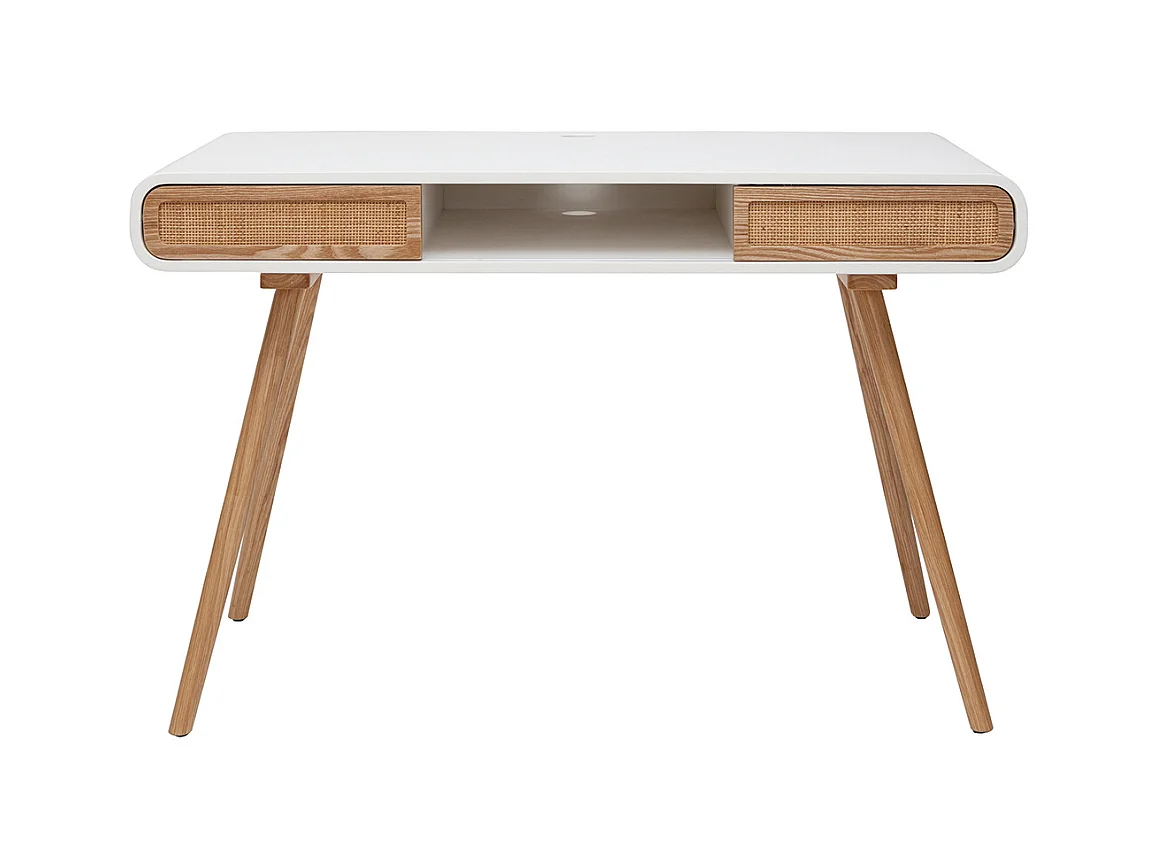 Bureau avec rangement vintage blanc, cannage et bois clair L120 cm OLYMPE