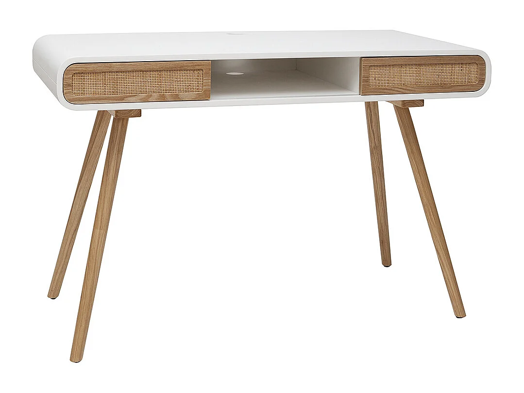 Bureau avec rangement vintage blanc, cannage et bois clair L120 cm OLYMPE