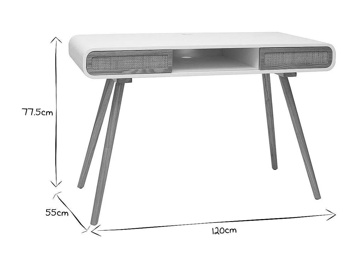 Bureau avec rangement vintage blanc, cannage et bois clair L120 cm OLYMPE