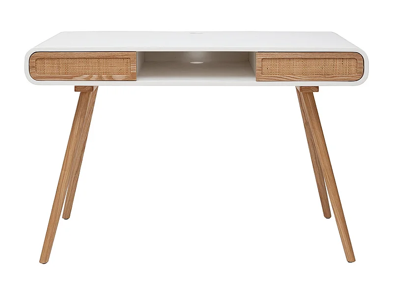 Bureau avec rangement vintage blanc, cannage et bois clair L120 cm OLYMPE