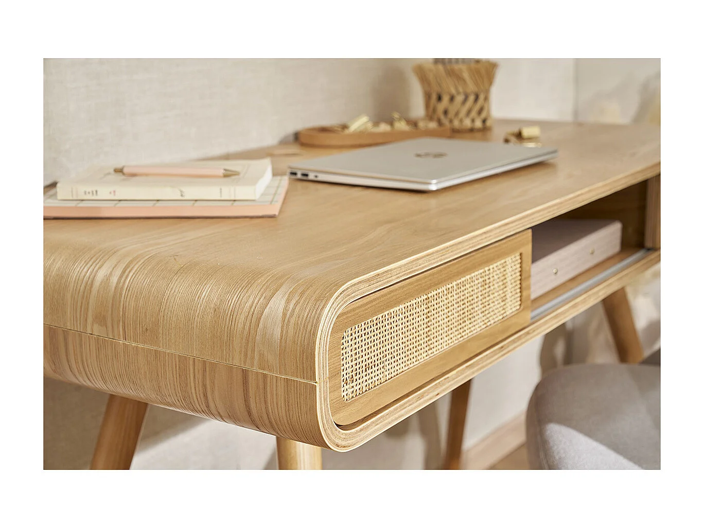 Escritorio vintage con almacenaje de madera clara y caña 120 cm OLYMPE