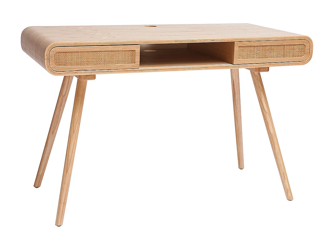 Vintage-Schreibtisch mit Aufbewahrung aus hellem Holz und Rohrgeflecht B120 cm OLYMPE