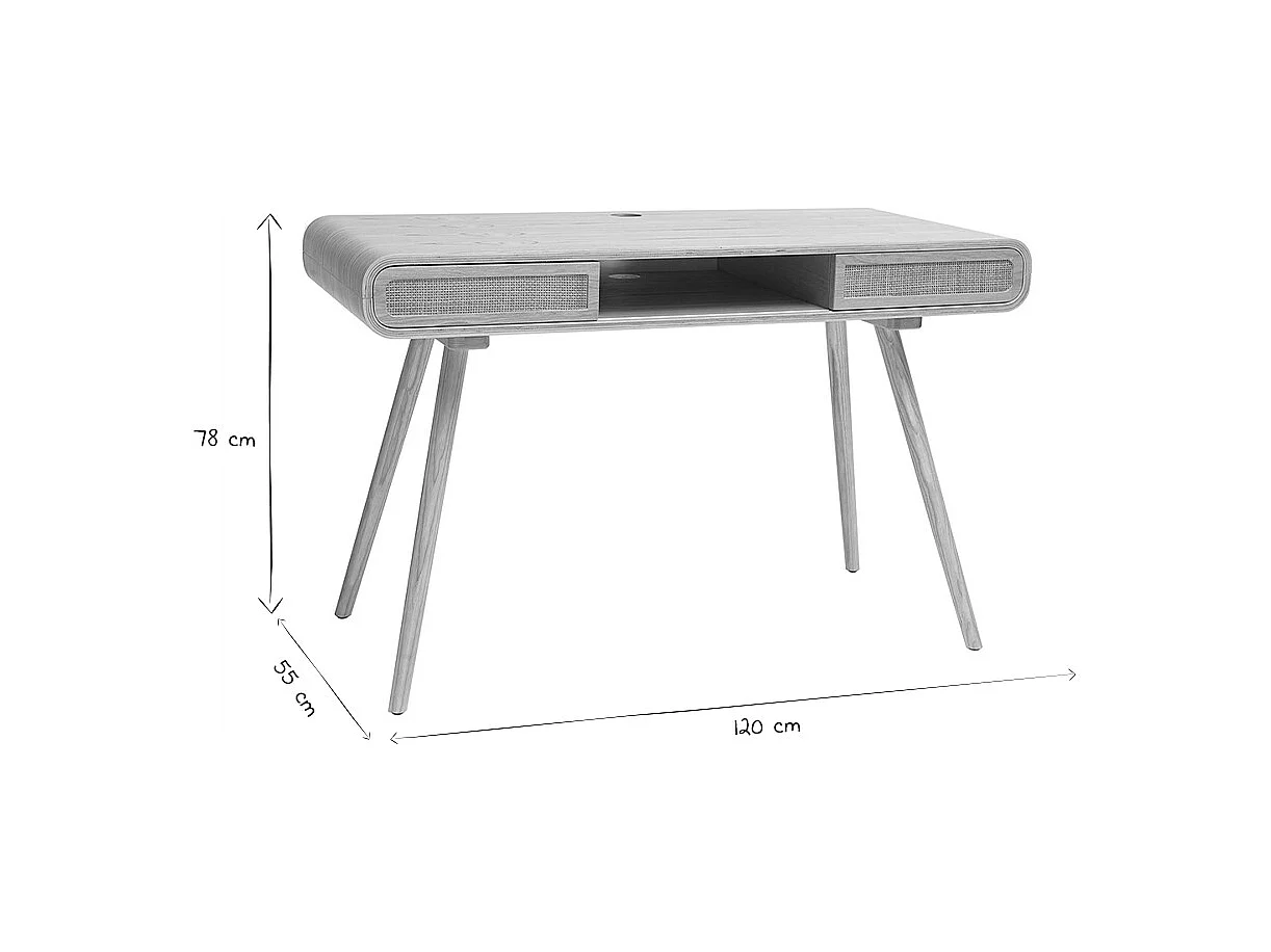 Vintage-Schreibtisch mit Aufbewahrung aus hellem Holz und Rohrgeflecht B120 cm OLYMPE