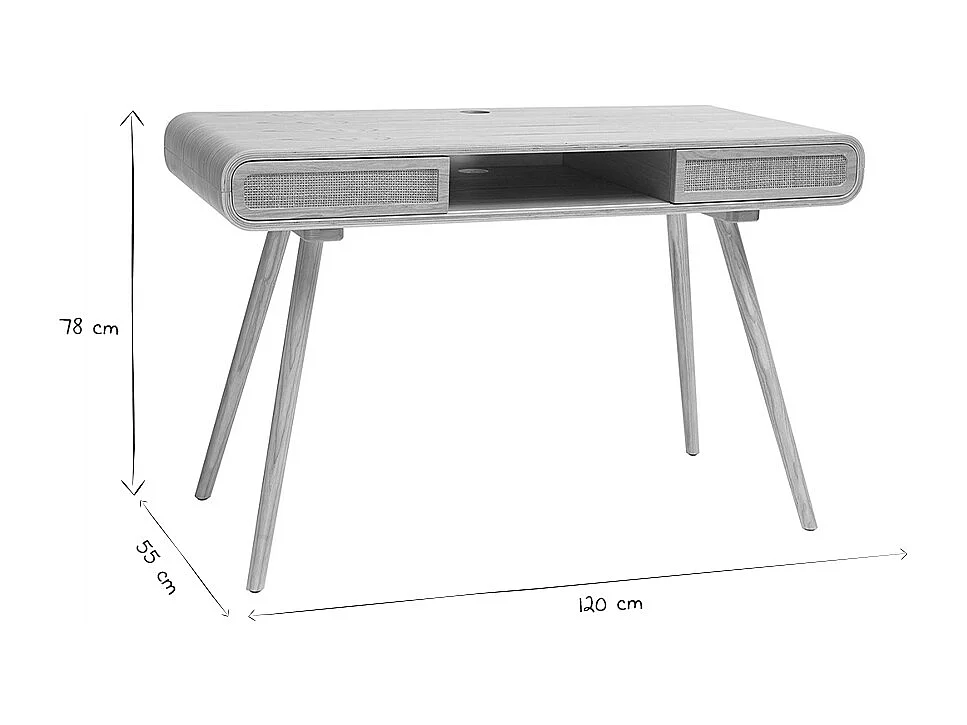 Vintage-Schreibtisch mit Aufbewahrung aus hellem Holz und Rohrgeflecht B120 cm OLYMPE
