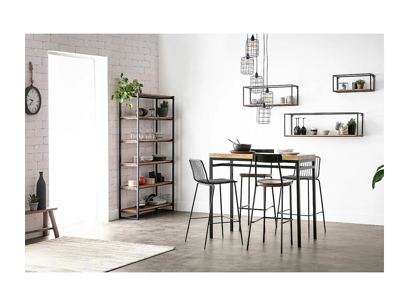 Suspension industrielle 5 lampes étagées en métal patiné effet vieilli L30 cm LOFT