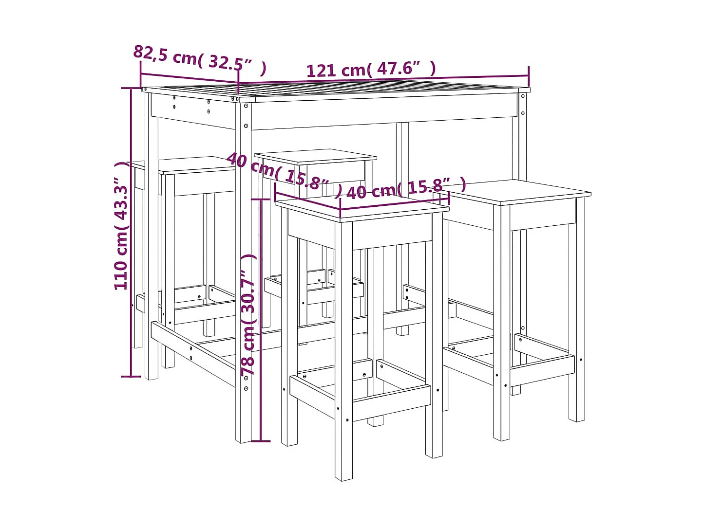 Ensemble de bar de jardin 5 pièces bois de pin massif