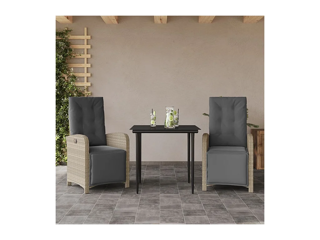 Ensemble de bistro 3 pièces et coussins gris clair résine tressée