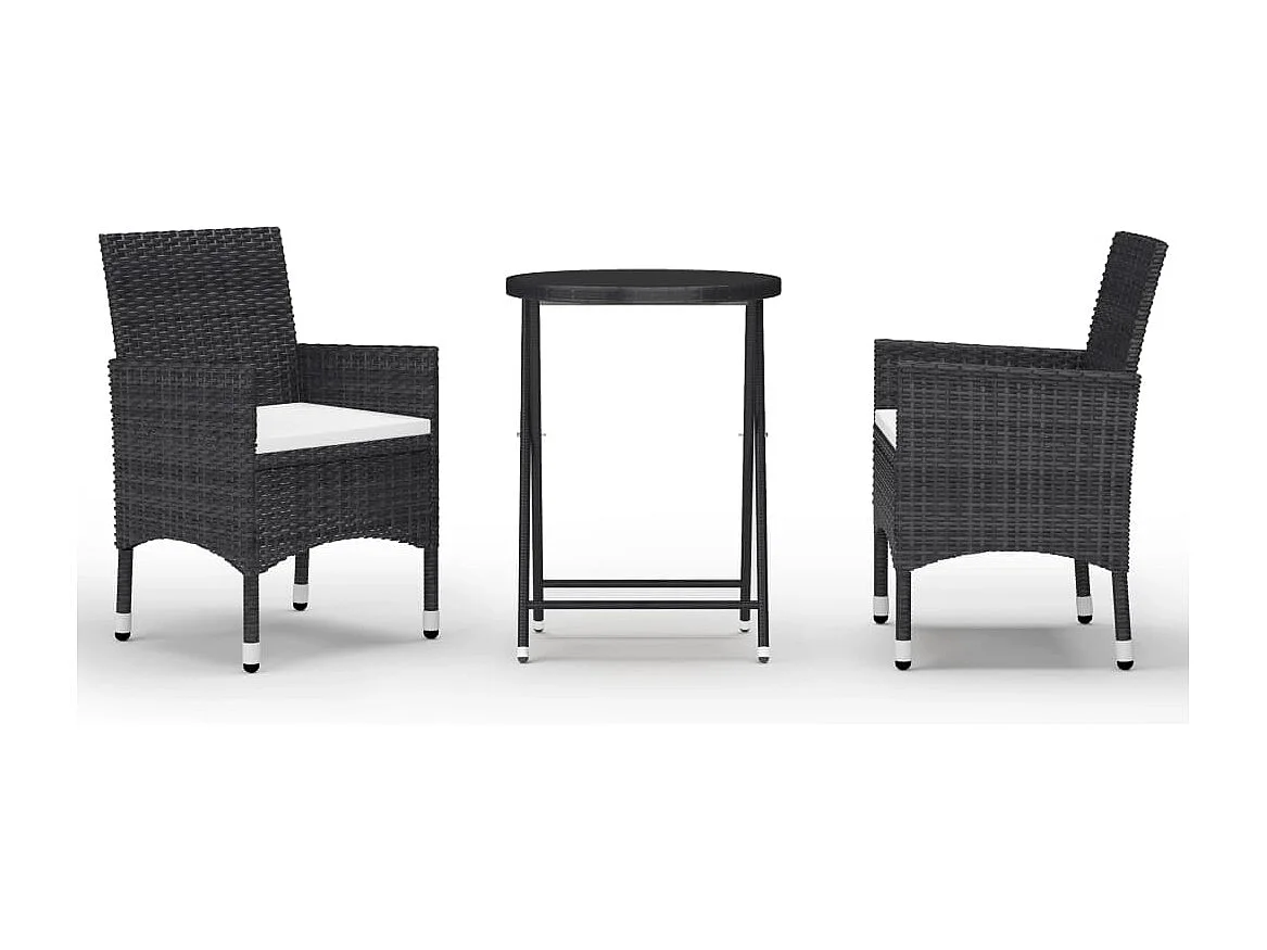 3 peças conjunto bistrô p/ jardim vime PE e vidro temperado preto