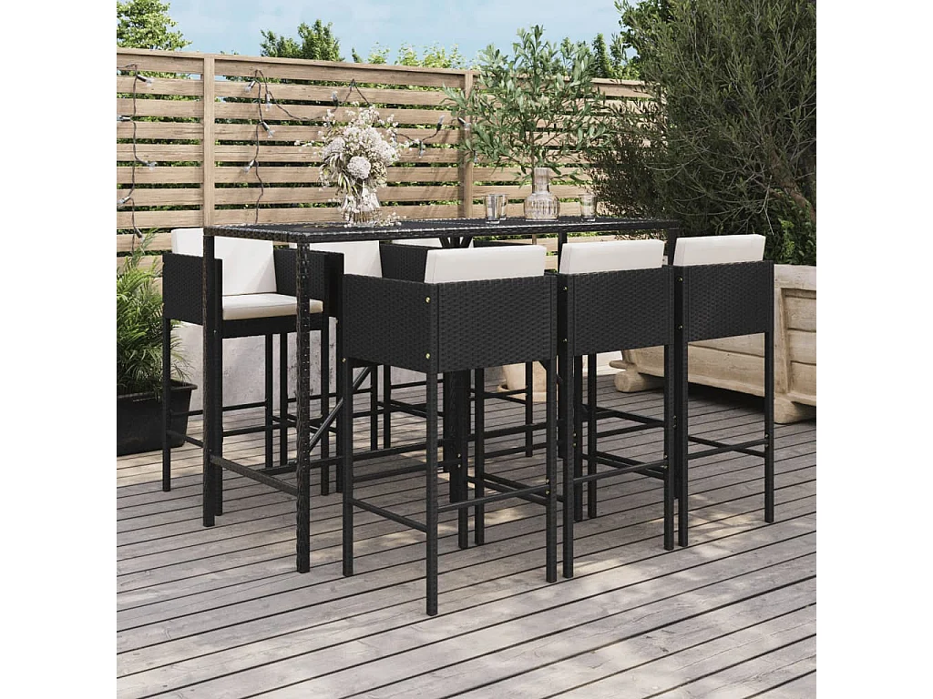 Ensemble de bar de jardin 7 pièces avec coussins noir poly rotin