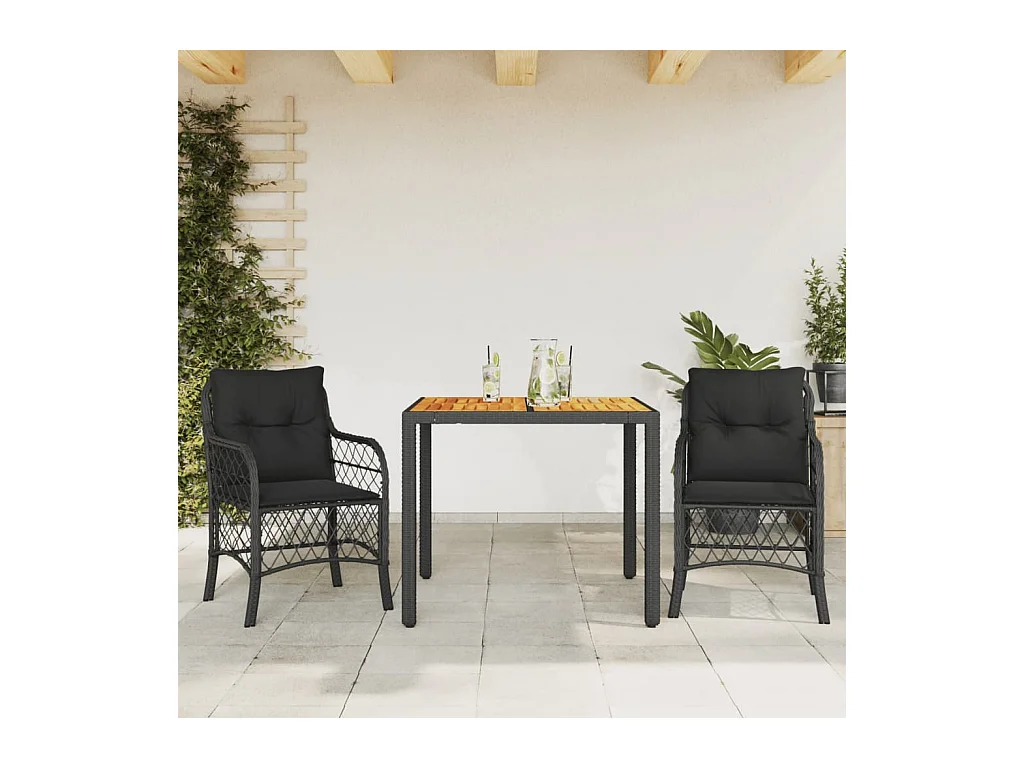 3 peças conjunto de bistrô com almofadões vime PE preto