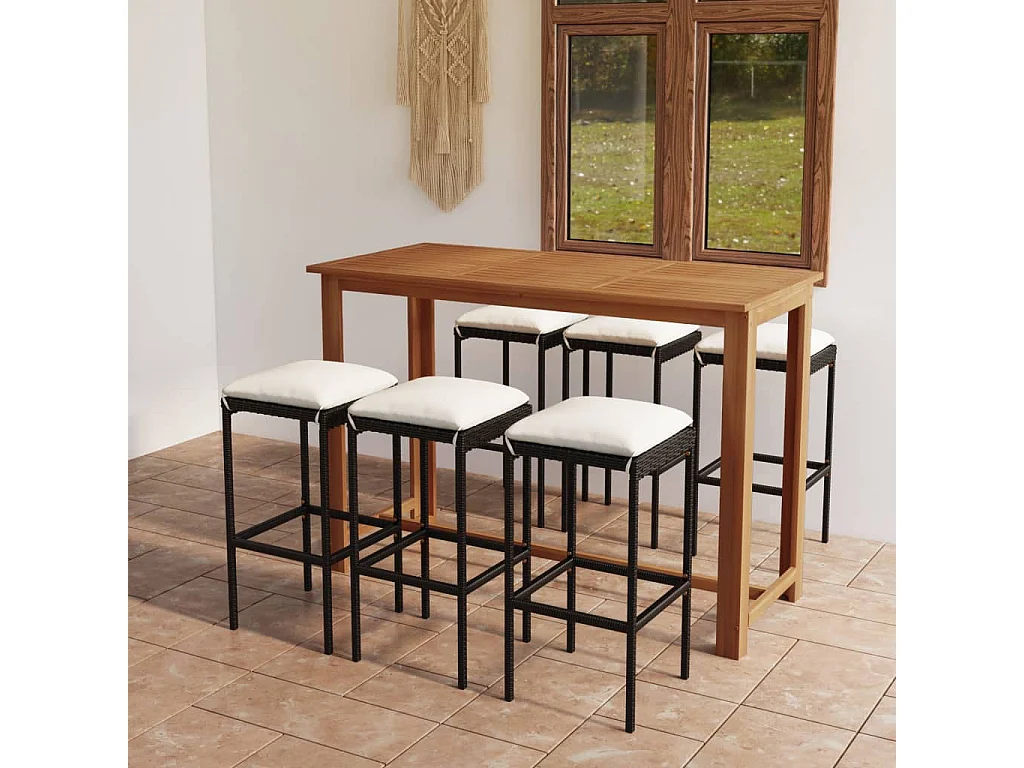 Conjunto de bar para jardín 7 piezas con cojines negro