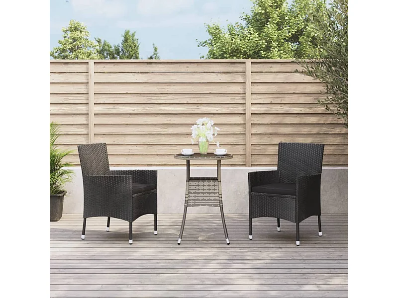 Ensemble de bistro de jardin 3 pièces coussins noir poly rotin