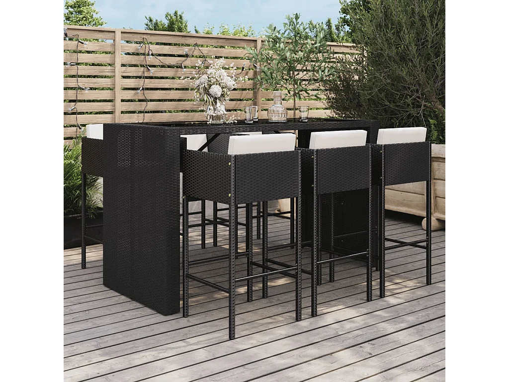 Mesa y taburetes altos jardín y cojines 7 piezas ratán PE negro