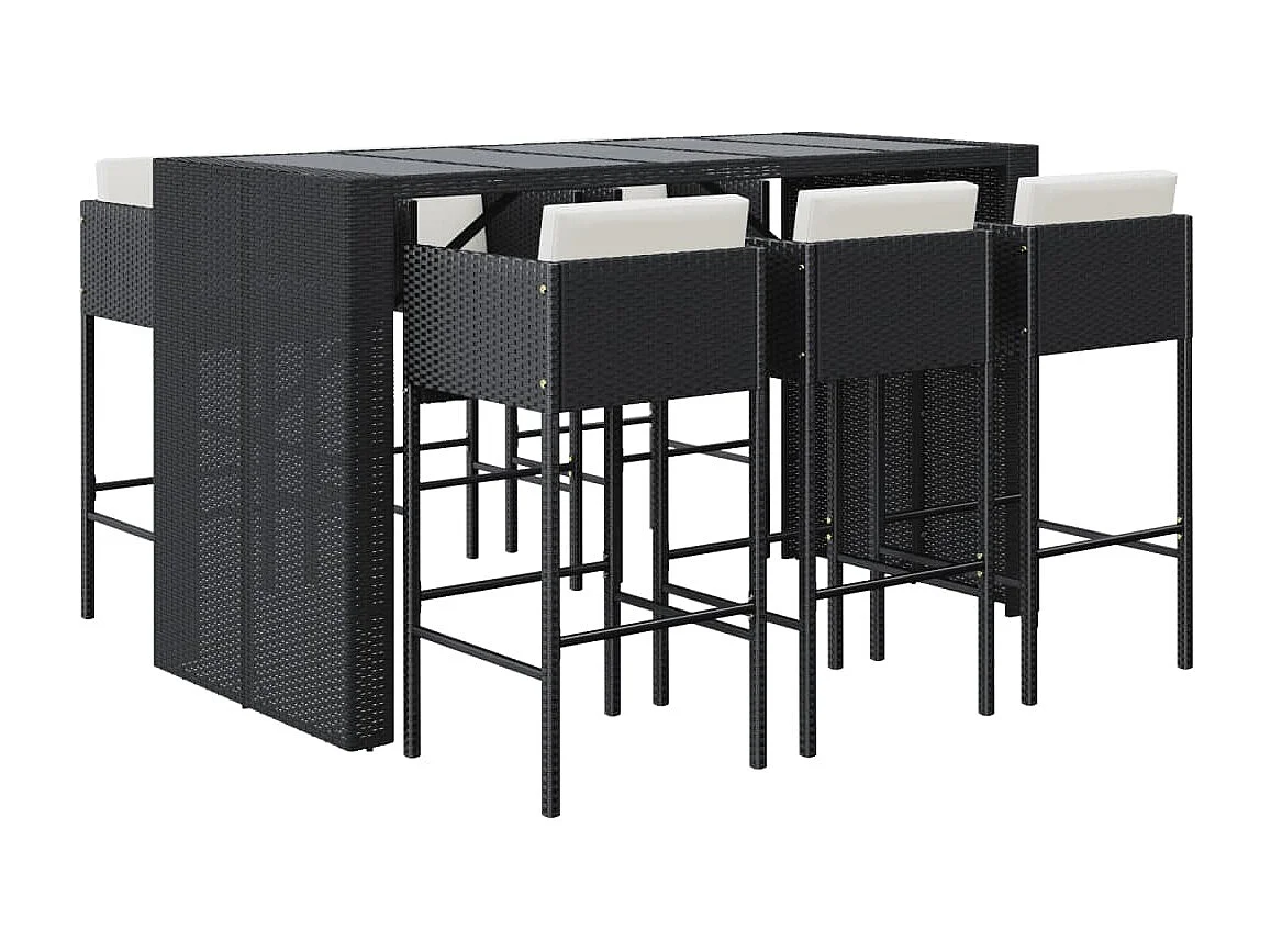 Mesa y taburetes altos jardín y cojines 7 piezas ratán PE negro