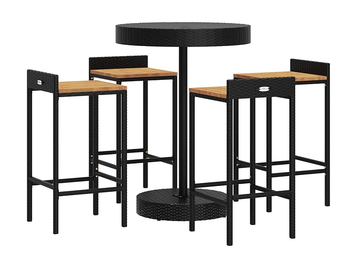 Ensemble de bar jardin 5 pièces noir poly rotin/bois massif acacia
