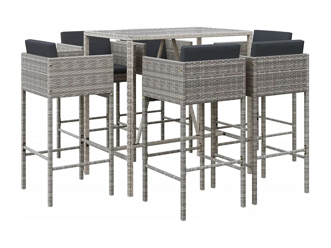 Ensemble de bar de jardin 7 pièces avec coussins gris poly rotin