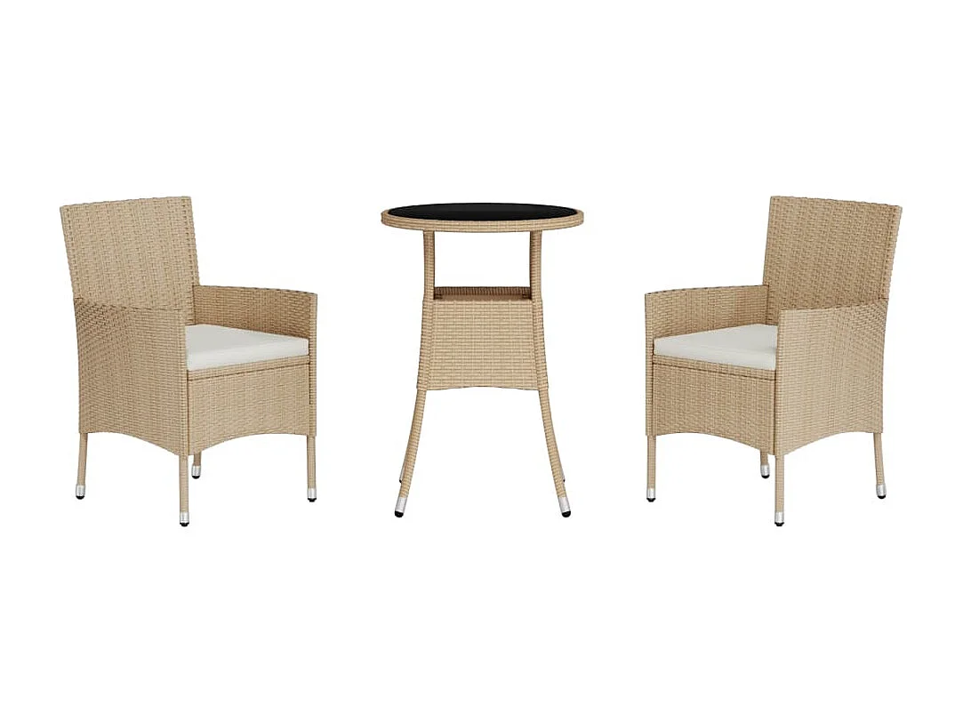 3 peças conjunto de bistrô para jardim c/ almofadões vime PE bege