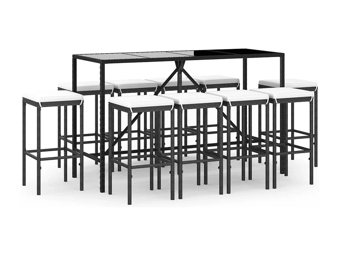 Ensemble de bar de jardin 11 pièces avec coussins noir poly rotin