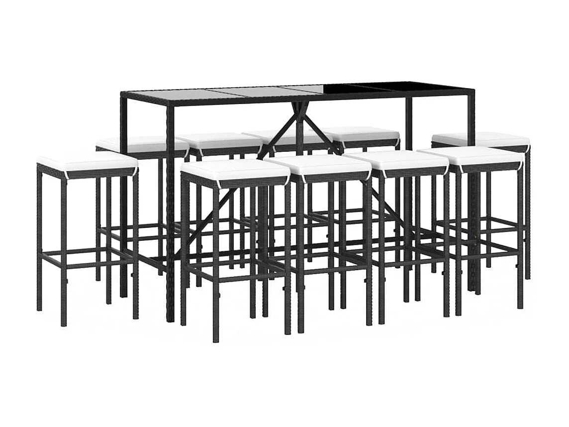 Mesa y taburetes altos jardín 11 piezas y cojines ratán PE negro