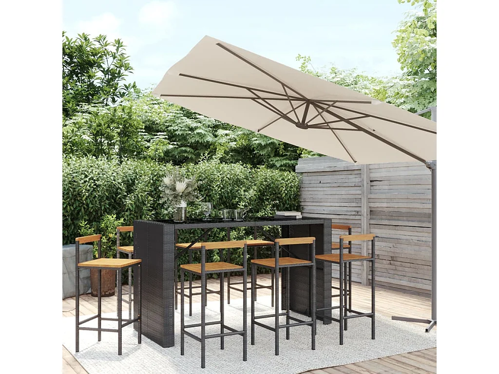 Ensemble de bar jardin 9 pièces noir poly rotin/bois massif acacia