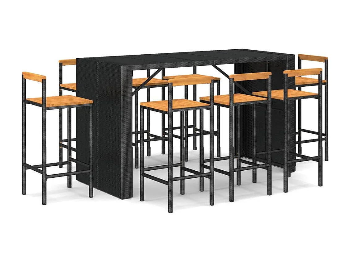 9 peças conjunto de bar p/ jardim vime PE/acácia maciça preto