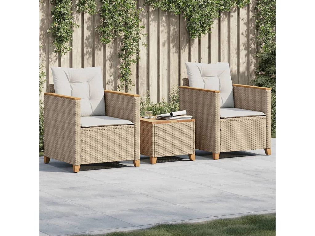 Ensemble de bistro 3 pièces coussins beige résine tressée acacia