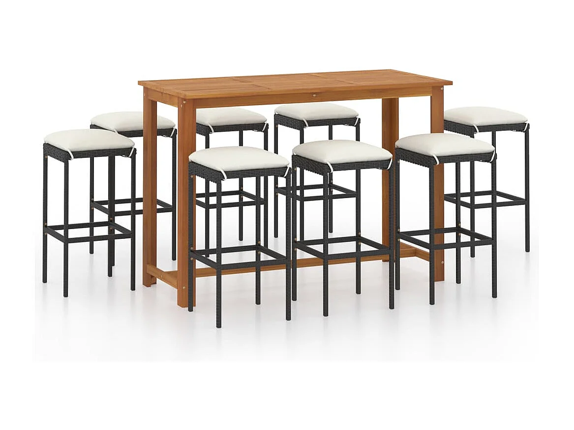 Conjunto de bar para jardín 9 piezas con cojines negro