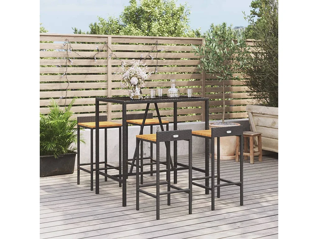 Ensemble de bar jardin 5 pièces noir poly rotin/bois massif acacia