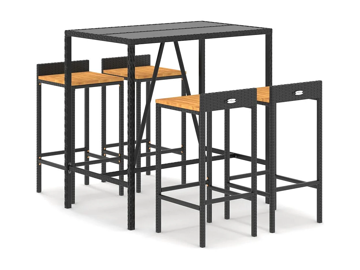 Ensemble de bar jardin 5 pièces noir poly rotin/bois massif acacia
