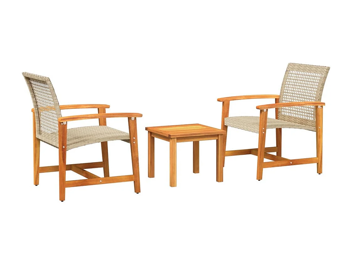3 peças conjunto de bistrô vime PE e madeira de acácia bege