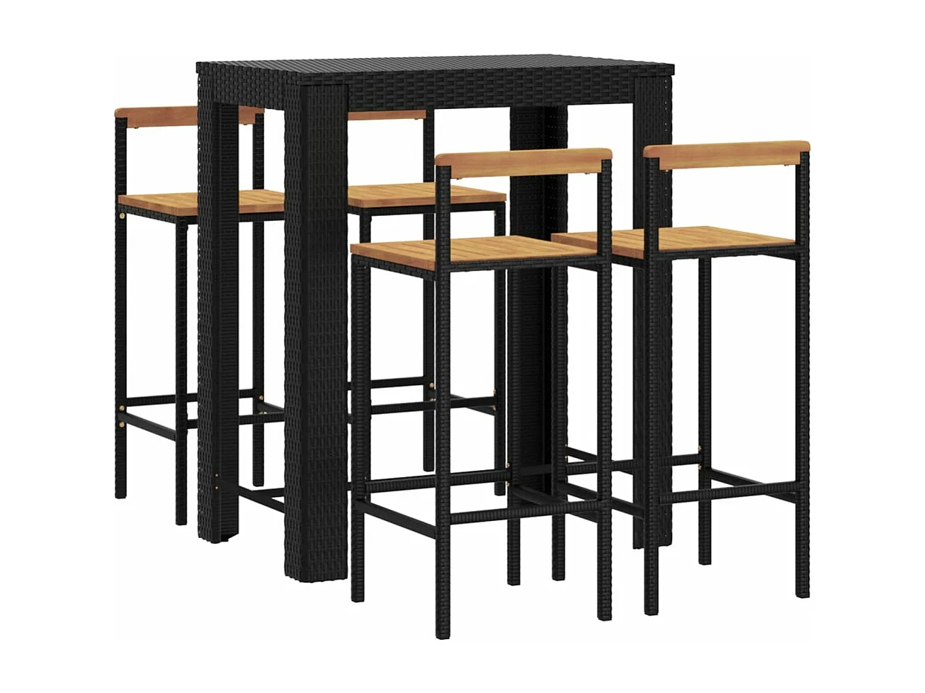 Ensemble de bar jardin 5 pièces noir poly rotin/bois massif acacia