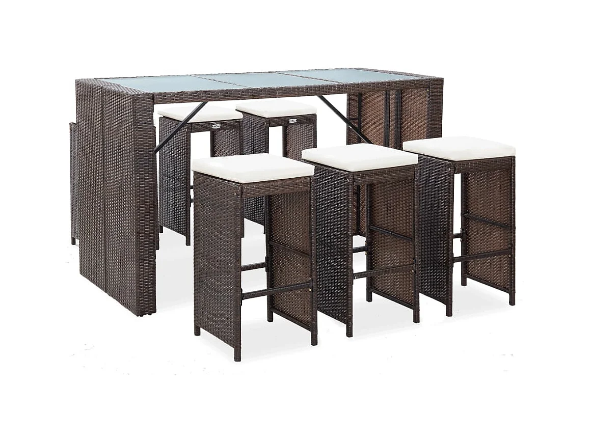 Meuble de bar de jardin 7 pièces et coussins Résine tressée Marron