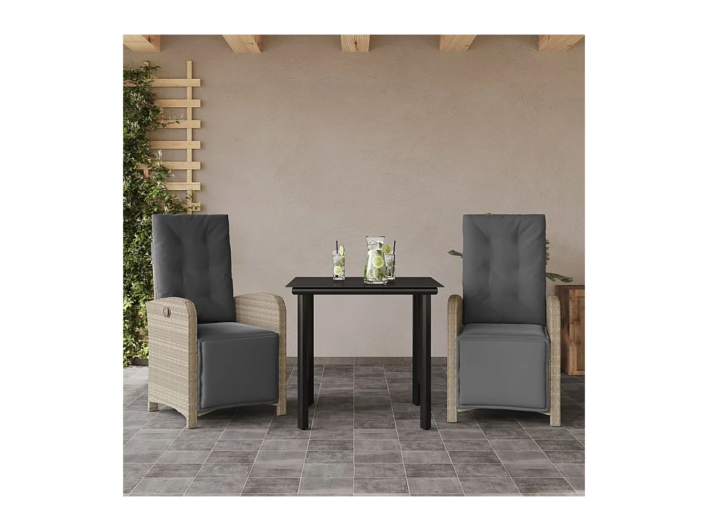 Ensemble de bistro 3 pièces et coussins gris clair résine tressée